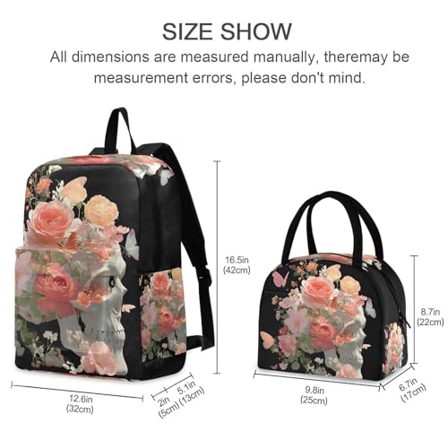 Backpack Lunch Bag Set Floral Skull Print, Big Storage Travel Backpacks with Insulated Lunch Box for Office Hiking Picnic2
