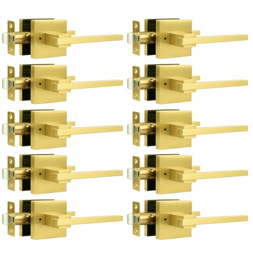 Image of Orger 10 Pack Gold Privacy Door Handles Square Keyless Door Lever, Interior Door Handle for Bathroom and Bedroom, Modern Door Handle Sets Stainless Steel