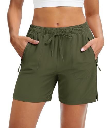 MAGCOMSEN Hiking Shorts for Women Quick Dry Lightweight Summer UPF50+ Shorts Pockets Elastic Waist 5 in Army Green, L