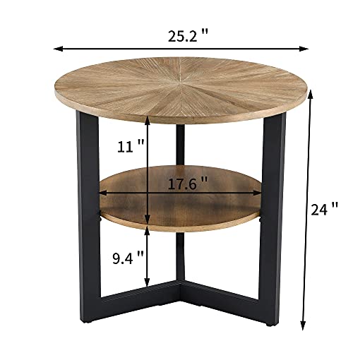 Moderion Round Large End Table With 2 Tire Storage Shelf, 25.2” Solid Wood Sofa Side Table With Black Metal Frame, End Table For Bedroom,Living Room,Small Space Rustic Natural Cjz1338 #TOP4