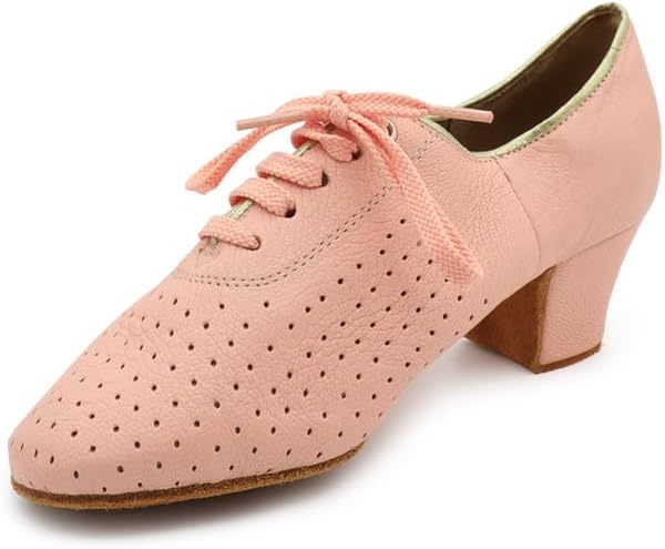 Women's Practice Latin Dance Shoes Mesh Perforated Design Professional Ballroom Dancing Oxford Performance Pink Leather #T1-B