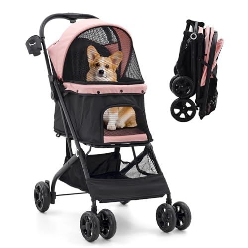Romiromi Hundewagen bis 15 kg,Faltbar Hundebuggy mit Netzfenstern Lagerkorb & Getränkehalter,4 Räder Drehbar,Für Kleine/Mittlere Katzen und Hunde von 4-15kg,Ganz Saisonal, Rosa