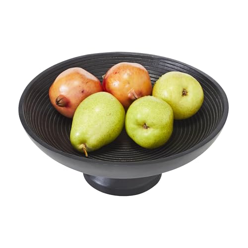 VHC Brands Ribbed Black Wooden Fruit Bowl 5.5x12x12, Kitchen Decor, Decorative Wooden Pedestal Bowl, Perfect Centerpiece for Table, Island, or Counter by VHC Brands - Used condition - US$24.86