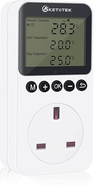 KETOTEK Day Night Temperature Controller Plug Outlet Digital Thermostat Socket Heating Cooling Temp Controller with Sensor Timer Switch for Reptile Greenhouse Brewing Refrigerator