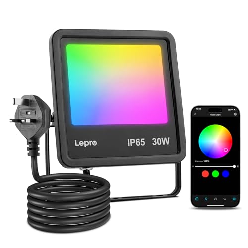 Lepro Led Flood Light Outdoor 30w, Colour Changing Floodlight App Control, 16M Colors DIY, LightGPM AI Mode, Music Sync, Voice Control with Alexa&Google, Timer, IP65 Waterproof for Outdoor Decoration