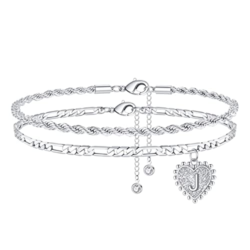Yooblue Ankle Bracelets Gifts for Women Initial Anklets, Silver Letter J Initial Layered Anklet Dainty Rope Chain Heart Anklets for Teen Girls, Mothers Day Valentines Gifts for Mom Women