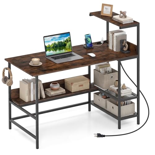 Image of Tangkula 48 inch Reversible Computer Desk with Bookshelves, Home Office Desk with Power Outlets, Hook and Storage Shelves, Writing Study Desk for Living Room, Study Room, Office (Rustic Brown)