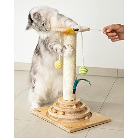 PetJunkee ® Kratzstamm für Katzen - Interaktives Katzenspielzeug mit 40cm-hoher Kratzsäule, Feder & Rasselbällen - Kratzbaum klein - Katzen Kratzmöbel Cover