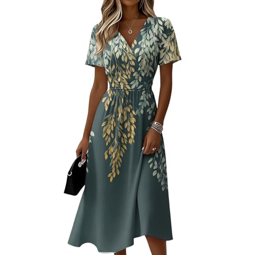 Image of BUhuiBabubu Women's Casual Warp V-Neck Summer Dresses Short Sleeve Midi Floral Party Dress with Pockets Ladies Flowy A-Line Dresses for Special Occasions Size 8 10 12 14 16 18,Army Green,S,u151k