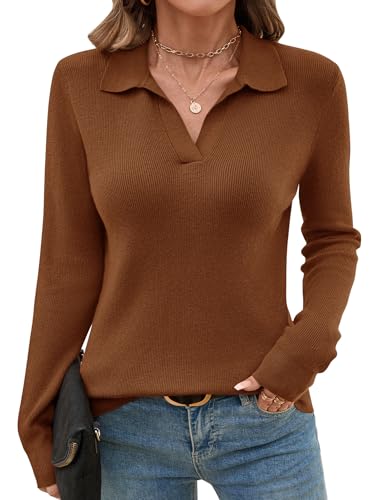 Romanstii Women's Polo Collar Knitted Pullover Sweater Long Sleeve V Neck Solid Basic Ribbed Jumper Tunic Tops,Caramel,M