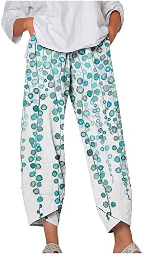 SMIDOW White Wide Leg Pants for Women Boho Floral Print Cropped Pants for Women Casual Loose Straight Leg Capri Pants Linen Lounge Trousers with Pockets