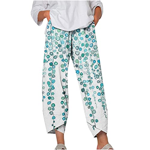 Smidow White Wide Leg Pants For Women Boho Floral Print Cropped Pants For Women Casual Loose Straight Leg Capri Pants Linen Lounge Trousers With Pockets #TOP18
