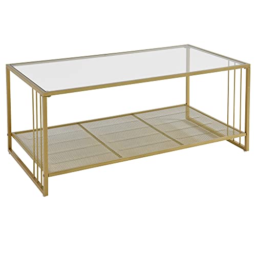 MODERION Wohnzimmertisch Couchtisch, Goldener Beistelltisch, Glastisch mit Metallgestell, Hartglas, Sofatisch, Doppelschicht, 106 x 55 x 45 cm (B/T/H) Cover