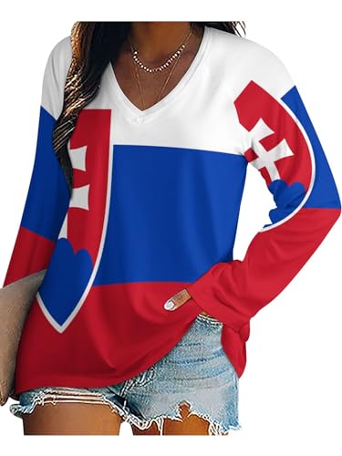 Camiseta De Manga Larga para Mujer, Elegante con Estampado Bandera Eslovaca, Ligera Casual Cómoda Capa Base Camiseta para Mujer Cuello En V, Tallas Grandes Informal Túnica