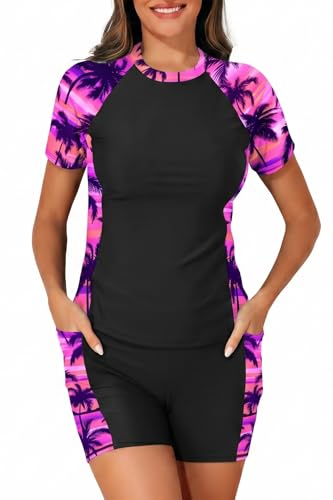 Image of Daci Short Sleeve Rash Guard 2 Piece Swimsuits with Bord Shorts | Sun Protection,Two Pockets,Clolor Block,High Waisted Short,High Neck,Quick Dry