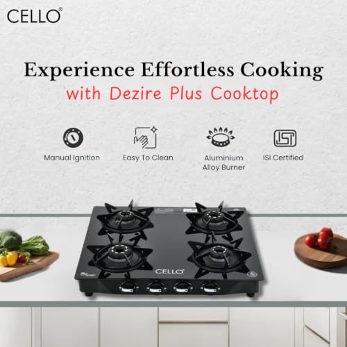Image of Cello Dezire Plus 4 Burner Gas Stove | 6mm Toughened Glass | Manual Ignition | ISI Certified | Rapid Alloy Burnes | 1 Year Warranty | Hexa Pan Supports