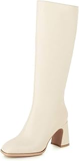 Kvinnor Women's Knee High Boots, Chunky-Heeled High Boots, Women's Square-Toe High-Heel Side Zipper Knee-Length Boots