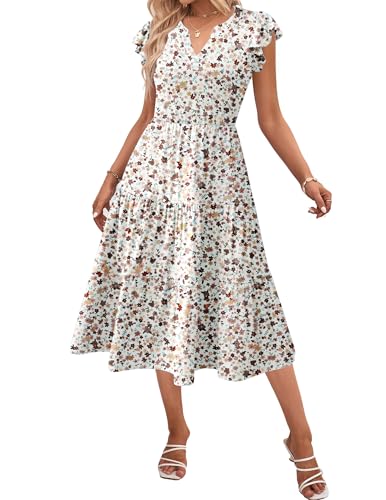 Zeagoo Ruffle Sleeve Floral Dress for Women Casual Swing Dresses with Pockets V Neck Flare Dress Women Midi Dress Summer Beach Boho Sundresses L
