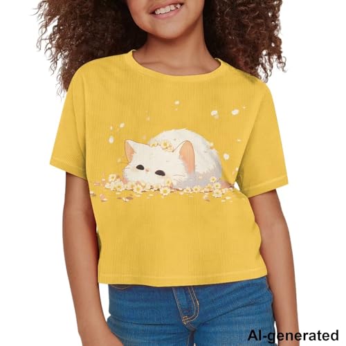 Image of Cute Crop Tops for Girls Short Sleeve Summer T Shirts Fashion Graphic Tees Crew Neck Pullover Tee 5-14 Years