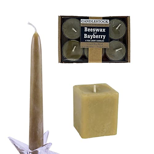 Candlestock Natural Bayberry and Beeswax Taper, Tea Light, and Votive Unscented Real Bayberry Holiday Candle Set