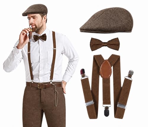Image of Suspender and Bow Tie Set with Flat cap for Men