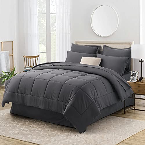 Parkol 8 Piece Comforter Set Queen Size All Season Bedding Sets With Soft Down Alternative Comforter, Flat Sheet, Fitted Sheet And Pillowcases, Gray #TOP1