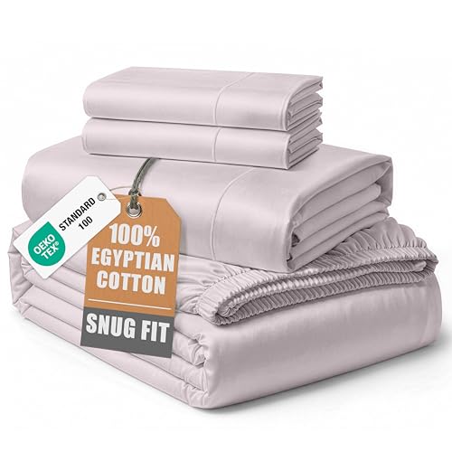 Image of LANE LINEN King Size Deep Pocket Sheets Egyptian Cotton Sateen - Grey Lilac | King Bed Sheet Set - 4-Piece Set, For A Luxurious Night's Sleep, For A Silky Hotel-Style Bed, Guest-Ready Comfort