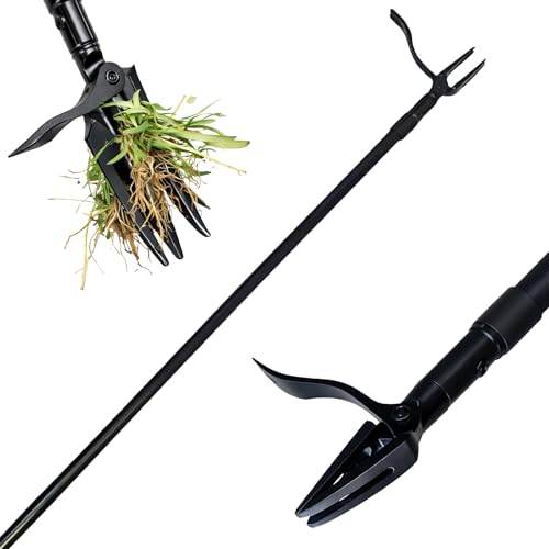 Vornilo All Black Stand Up Weed Puller 53 Inch Manual Weed Remover Tool Heavy Duty Metal Long Handle Root Removal Weeder with Reinforced Claw and Three Section Steel Shaft for Garden Lawn Yard Use