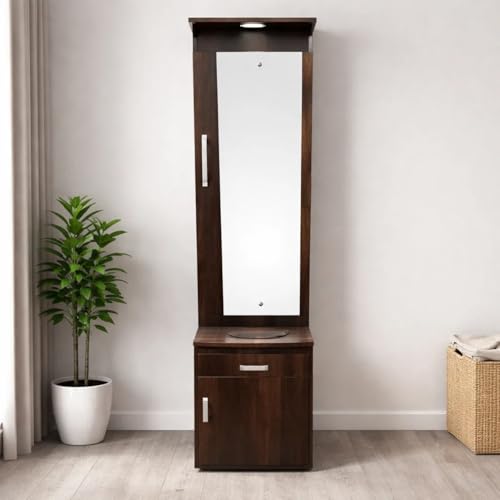 Image of CASPIAN Engineered Wood Single Door Vanity Dressing Table (Rainforest Brown) | Pre-Assembled Furniture with Mirror & LED Light | Makeup & Accessories Organizer with 4 Shelves, 1 Cabinet & 1 Drawer