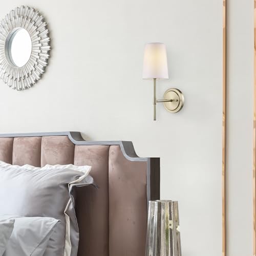 Image of Globe Electric 51861 Clarissa 1-Light Wall Sconce, Matte Brass, White Fabric Shade, Bulb Not Included