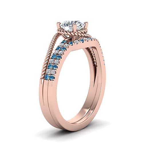 Image of Choose Your Gemstone Rope Split Shank Wedding Ring Set Rose Gold Plated Round Shape Wedding Ring Sets Everyday Jewelry Wedding Jewelry Handmade Gifts for Wife US Size 4 to 12