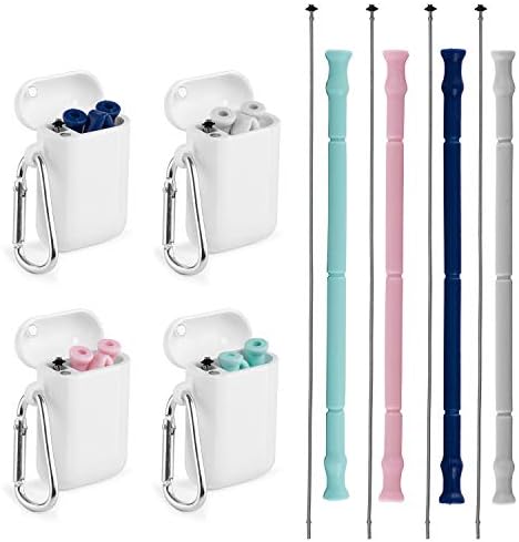 Collapsible Reusable Straws - 4 Pack BPA Free Food-Grade Silicone HoneyTolly Reusable Folding Straw with Case & Cleaning Brush Carabiner for Travel, Camping, Household, Office, Outdoor, Party
