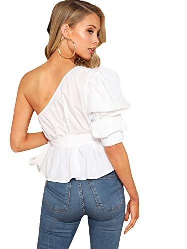 Romwe Women's One Shoulder Short Puff Sleeve Self Belted Solid Blouse White X-Small #TOP4