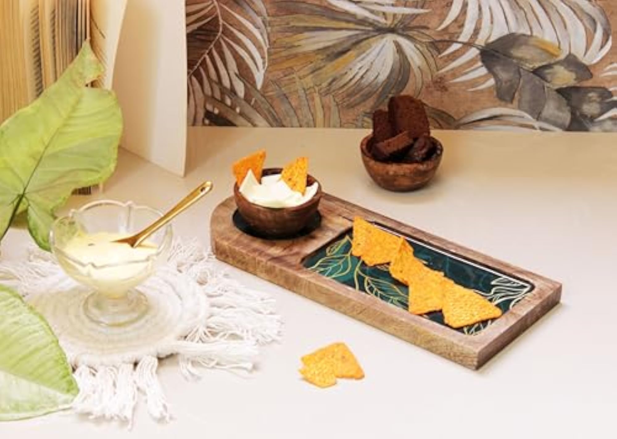 Leafy Gleam Rectangular Tray with Bowl, Serving Platter