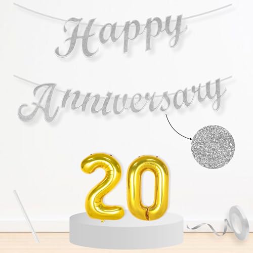Image of Flyloons 20th Happy Anniversary Banner Silver Decorations Kit for Men Women Wedding Anniversary Banner Items without Balloons