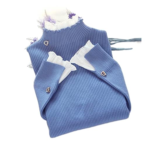 PROEES Suéter Feminino Gola Alta Renda Ruffle Pulôver Feminino Manga Trompete Top Cor Sólida Malha S