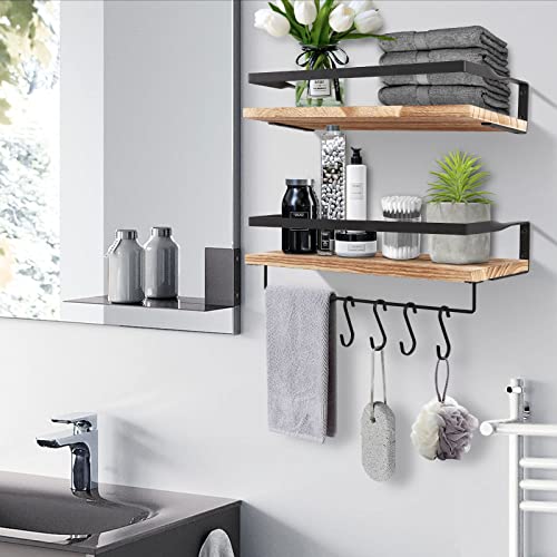 Uten Floating Shelves, Solid Wood Wall Mounted Shelf For Bathroom, Kitchen, Bedroom, Living Room With Metal Frame And Towel Rack, Floating Bathroom Shelves Set Of 2, Light Brown #TOP5