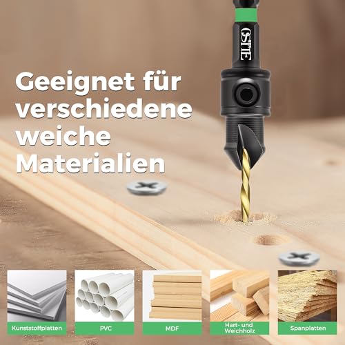 OSTTE 12 tlg Senkbohrer Holz für Holzbearbeitung, zweischneidigen Senkerbohrer mit magnetischem verlängertem Bithalter, Größen #4, #6, #8, #10, #12, 6,35 mm Sechskantschaft, inklusive Aufbewahrungsbox