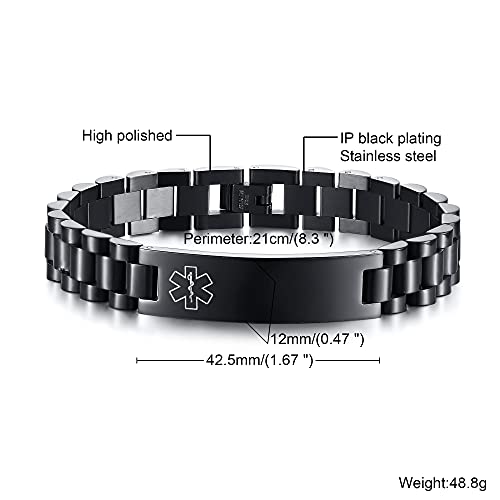 VNOX Medical Alert ID Bracelet for Men Women Stainless Steel Metal Band Adjustable Link Medical Bracelet,7.3-8 Inches,Black-12 MM