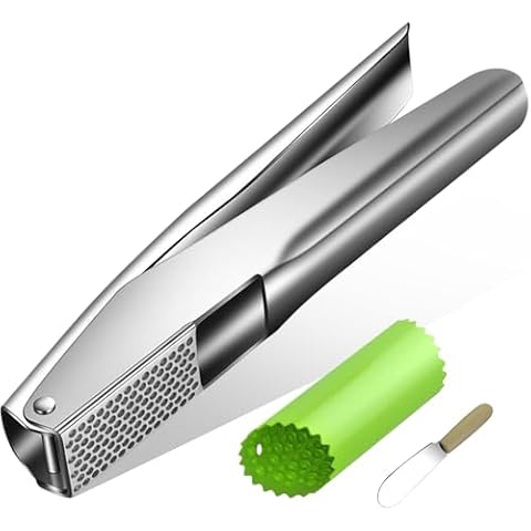 Bxgnip Premium Garlic Press Large Heavy Duty Stainless Steel Easy Cleaning No Need to Peel Garlic Mincer Garlic Crusher Garlic Chopper with Peeler And Scraper for Smash Garlic Dishwasher Safe Cover