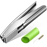 Bxgnip Prensa de ajos de acero inoxidable resistente, picadora de ajo con pelador y raspador para cortar ajo