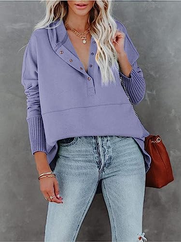 Zwurew Women Casual Henley Hoodie Pullover V Neck Oversize Sweatshirt With Pocket Purple #TOP1