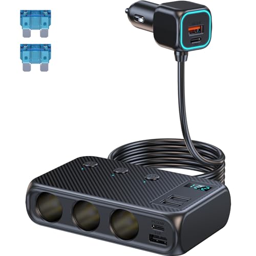 Thlevel 12V Répartiteur Allume-Cigare Chargeur de Voiture 171W QC 3.0 USB PD Type C avec Voltmètre LED et Interrupteur Câble 70cm pour 12V/24V Camping-Car Bateau