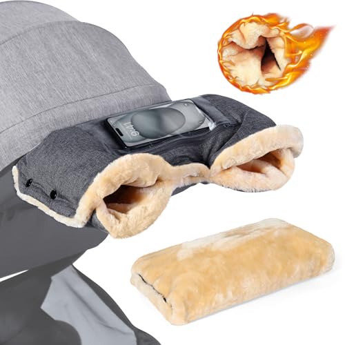 Image of Orzbow Faux Sheepskin Stroller Gloves with Phone Pockets, Winter Extra Thick Mittens for Baby Stroller, Cozy & Warm, Anti-freeze Hand Muff Easily Attaches to Stroller for Parents Caregivers, Dark Gray