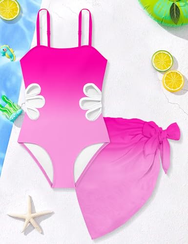 Image of Girls Swimsuit Adjustable Straps Cut Out One Piece Bathing Suit with Solid Color Cover Up Skirt Girls' Swimwear 5-16Y