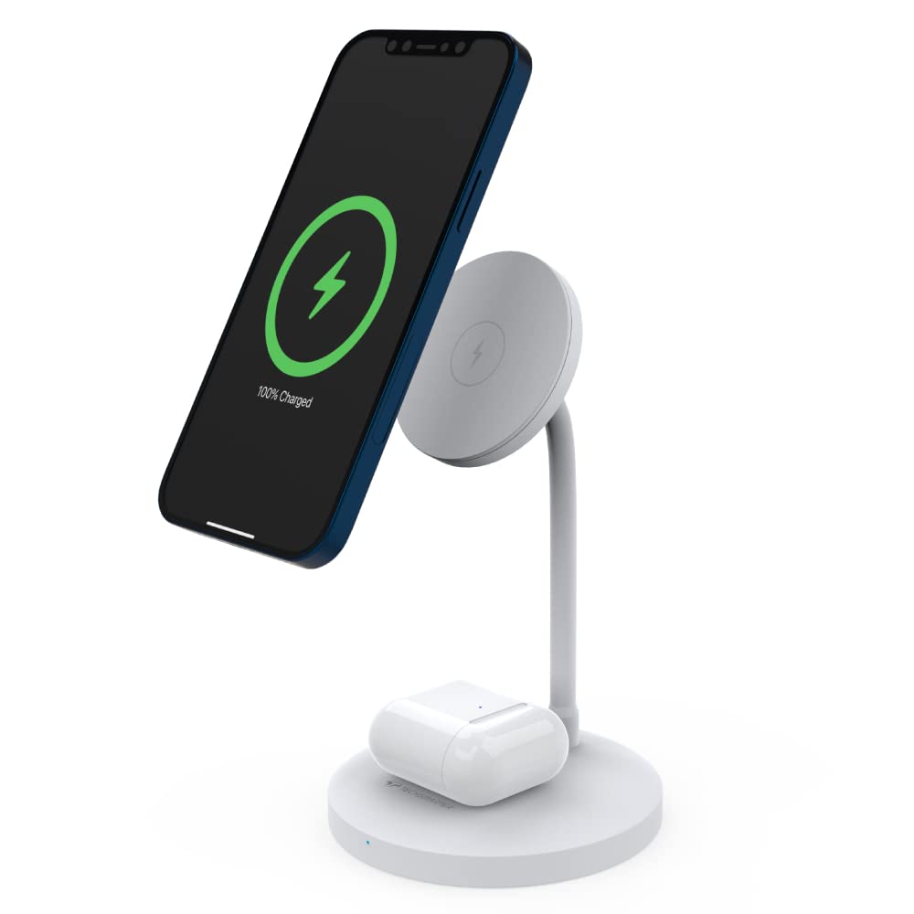 Techsmarter 2-in-1 Magnetic Wireless Charging Stand with 20W USB-C Wall Charger & 5ft USB-C Cable. Compatible with iPhone 12, 13, 14 and Headphones/Airpods with Wireless Charging Case.