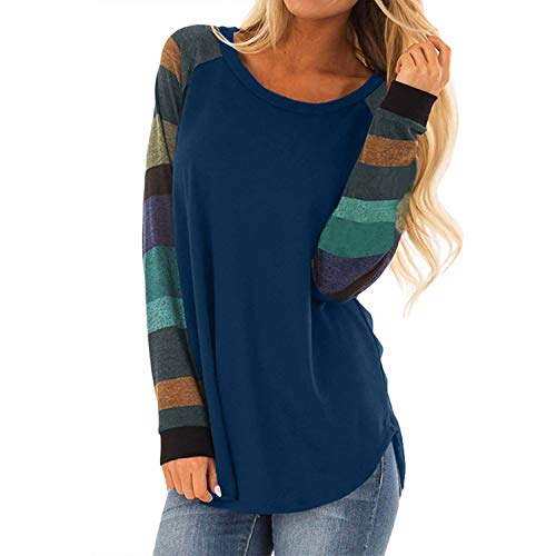 Jywmsc T-Shirt rayé à Manches Longues pour Femmes Hauts bouffants Sweat-Shirt Oversize Tunique-A Bleu-L Cover