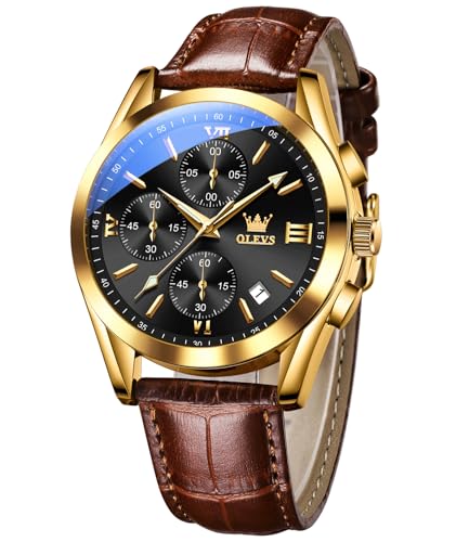 Image of OLEVS Watches for Men Original Analog Quartz Stylish Brown Leather Luxury Business Chronograph Waterproof Date Mens Wrist Watch
