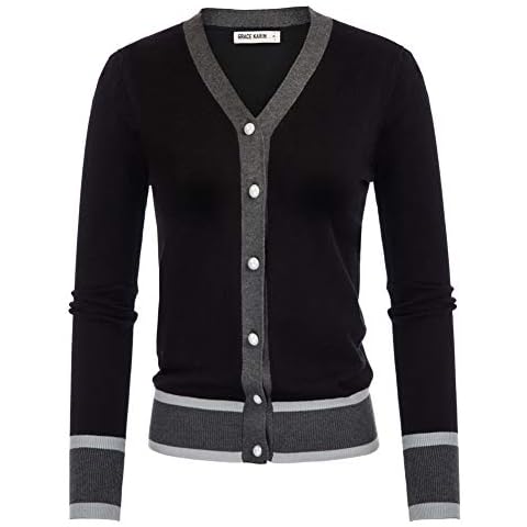 GRACE KARIN Women's Crewneck Long Sleeve Button Down Knit Cardigan Sweater Preppy Clothes for Women (L,Contrast-Black) Cover