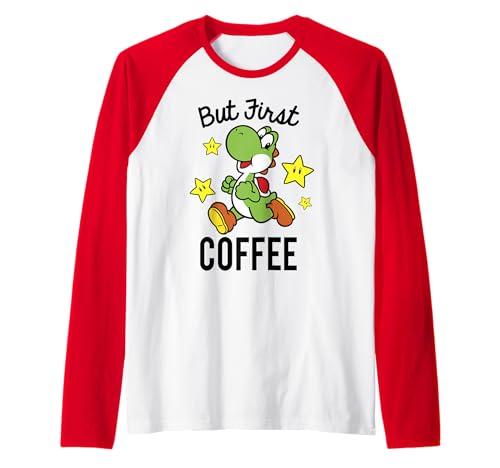 Nintendo Super Mario Yoshi But First Coffee Raglan Baseball Tee - image 1
